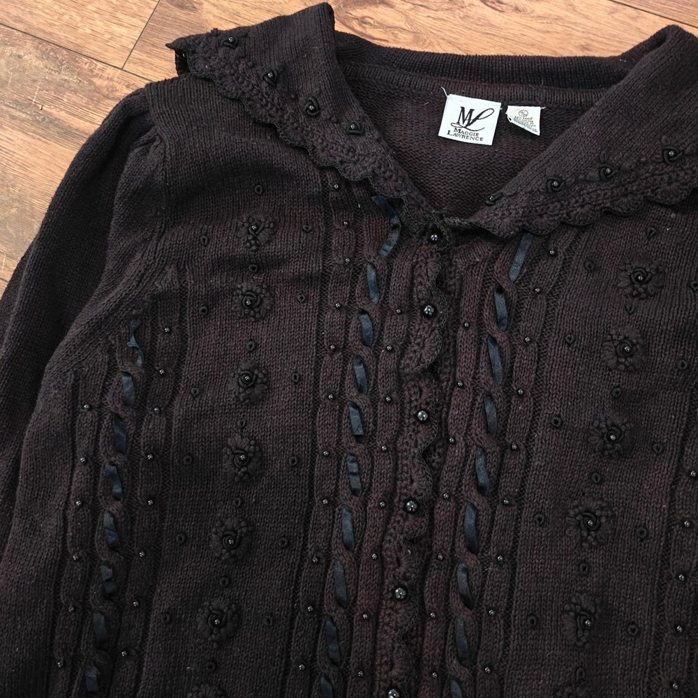 Maggie Lawrence Black Knit Cardigan Women's 18 Ribbon Cottagecore Whimsigoth VTG - Picture 2 of 7